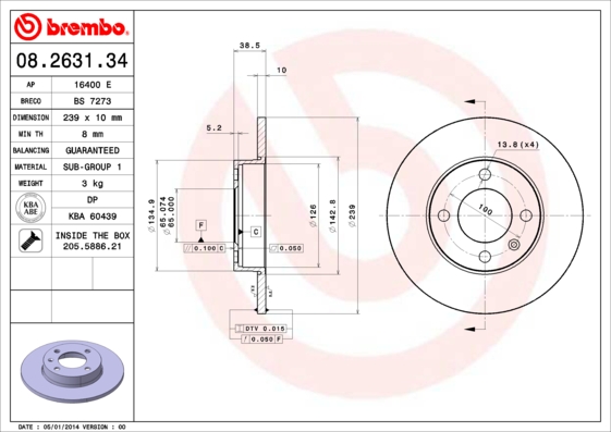 KOCIONI DISK PREDNJI VW GOLF II 10 MM BREMBO 08.2631.34