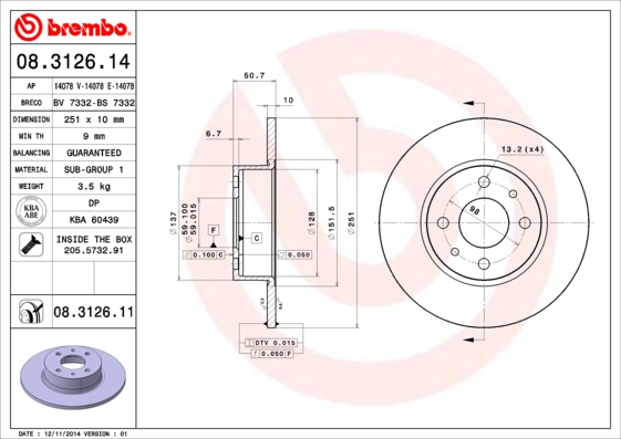 KOCIONI DISK ZAD. FIAT BRAVO 2 / STILO 251 MM 4 RUPE brembo