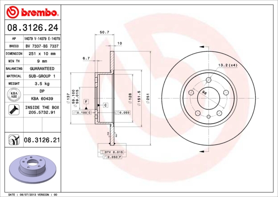 KOCIONI DISK ZAD. ALFA 147/156 FI251X10 brembo
