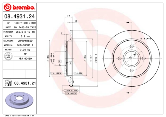 KOCIONI DISK ZADNJI FORD FOCUS DO 04 252.5 MM  brembo
