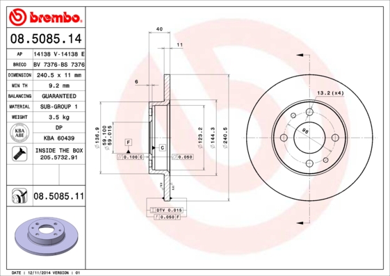 KOCIONI DISK FIAT/ALFA TIPO/33 240 MM 88-99 brembo