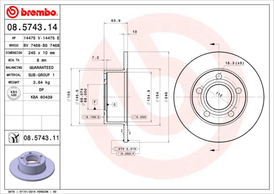 KOC.DISK ZAD. FI 245 MM 5 RUPA A-100/A6/PASSAT 97-05 G. brembo