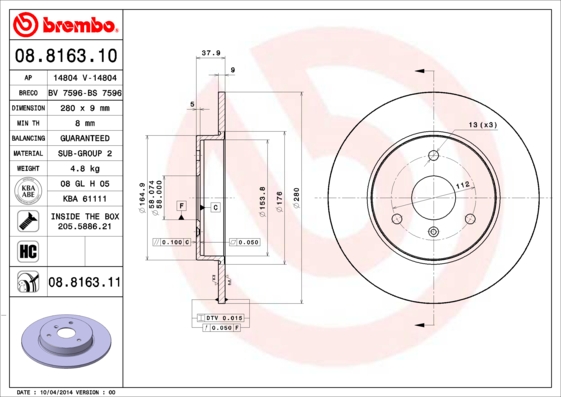 KOCIONI DISK SMART FORTWO/ROADSTER 280MM 98+ brembo