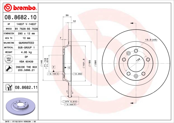 KOCIONI DISK ZAD. PEUGEOT 407 04+ 290MM brembo