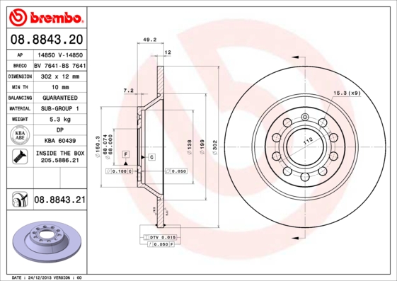KOCIONI DISK ZADNJI FI 302 MM AUDI A6 04+ brembo