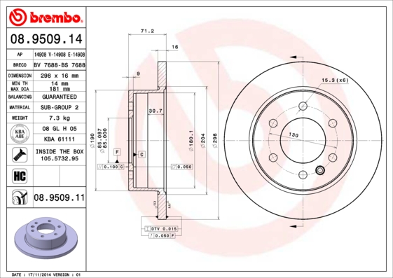 KOCIONI DISK ZAD. MERCEDES SPRINTER 298MM 06+ brembo