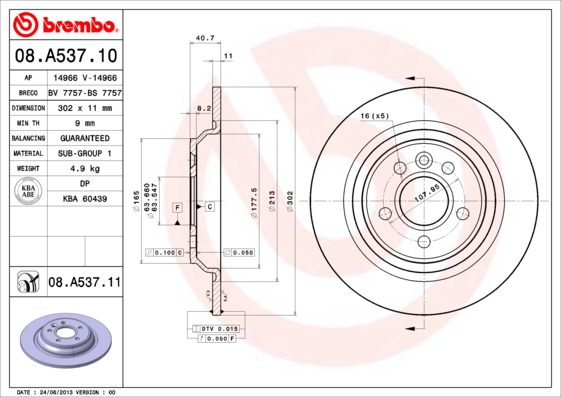 KOCIONI DISK ZAD. FI 302MM VOLVO S60 II / S80 II / V60 brembo