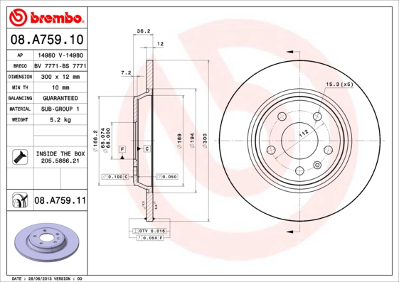 KOCIONI DISK AUDI A4/A5/A6/Q5 300 MM ZADNJI brembo