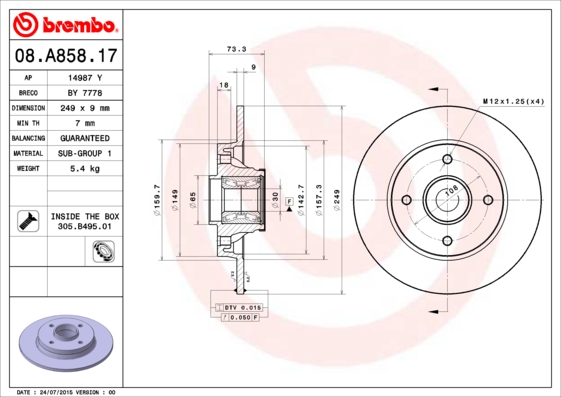 KOCIONI DISK Sa lezajem PSA C4/308 249MM SA ABS SENZOROM brembo