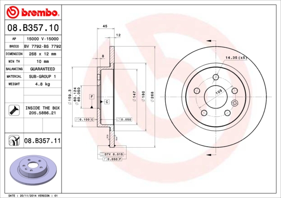 KOCIONI DISK ZAD. OPEL ASTRA J 10+ 268MM brembo