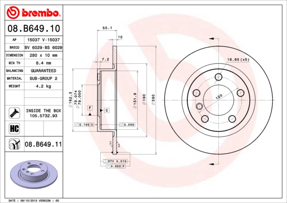 KOCIONI DISK ZAD. FI 280MM MINI COUNTRYMAN R60 10+ brembo
