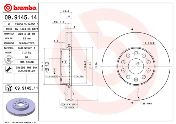 KOCIONI DISK VW / SKODA / AUDI FI288 MM 5 RUPA VENT. KARBONSKI 03+ brembo