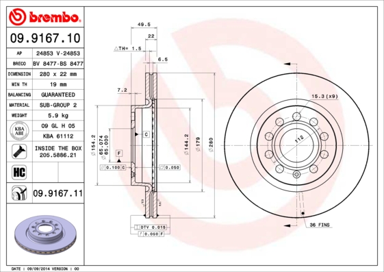 KOCIONI DISK VW FI 280 MM 5RUPA VENT. G-5/6 /CADY 3/A3 brembo