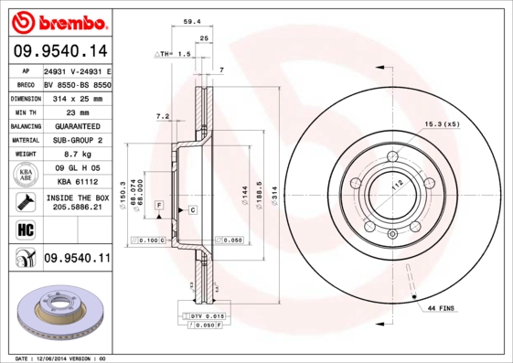 KOCIONI DISK FI 314 MM 5 RUPA VENT.AUDI A6/A8 05+ brembo