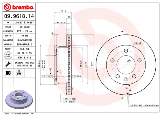 KOCIONI DISK MERCEDES FI 276 MM 5 RUPA VENT. SPRINTER/VW LT brembo