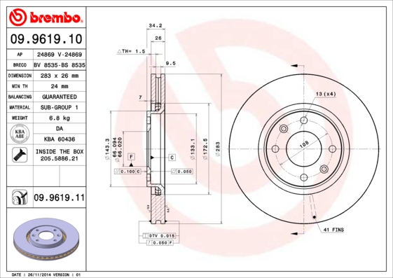 KOCIONI DISK PSA PARTNER/BERLINGO 96+ 283 MM VECI brembo