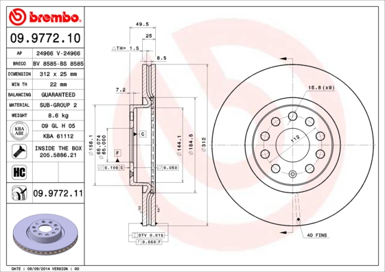 KOCIONI DISK PREDNJI VW 312 MM brembo