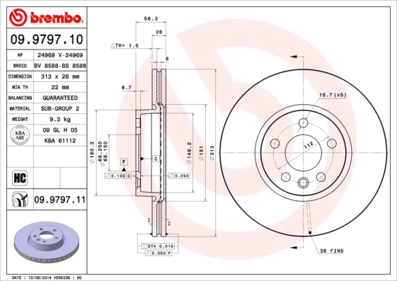 KOCIONI DISK VW FI 313 MM 5 RUPA VENT. T-4 90-00 brembo
