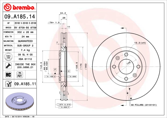 09.a185.14.jpg KOCIONI DISK PREDNJI 302MM PEUGEOT 308 07+ brembo