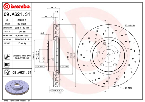 KOCIONI DISK PREDNJI MERCEDES C W204 E W212 322 MM brembo