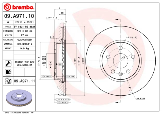 KOCIONI DISK PREDNJI OPEL INSIGNIA A 2.0 CDTI 08+ 321 MM brembo