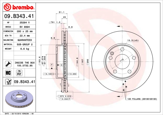 KOCIONI DISK PREDNJI FI 280 MM MERCEDES A W176 B W246 12+ brembo