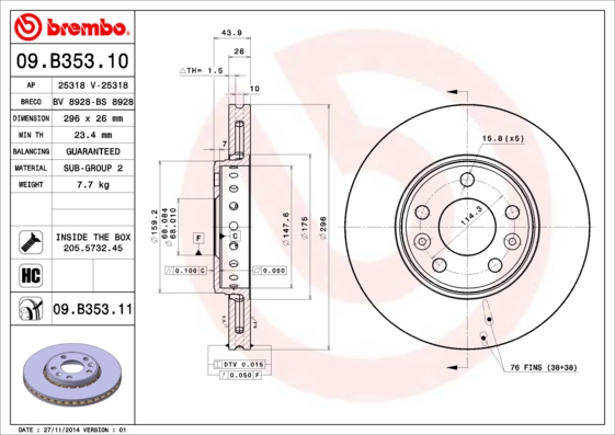 KOCIONI DISK RENAULT LAGUNA III/SCENIC III 296MM brembo.