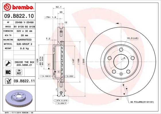 09.b822.10.jpg KOCIONI DISK FI 319.7 MM AUDI A4 A6 A5 A7 11+ brembo