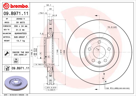 09.b971.11.jpg KOCIONI DISK PR. FI 356MM AUDI A6 C7 2.0 / 3.0 brembo