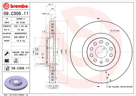 KOCIONI DISK PREDNJI VW GOLF 7/PASSAT/A3 340MM DEBLJINA 30 MM brembo