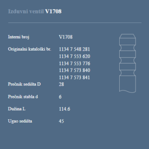 AUTOVENTIL V1708 IZDUVNI VENTIL BMW 1 3 5 3.0 BENZIN