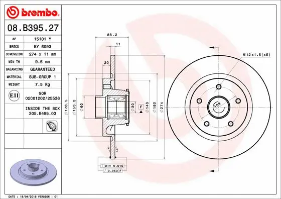 KOCIONI DISK ZADNJI RENAULT KANGOO 08+ 274 MM SA lezajem Brembo